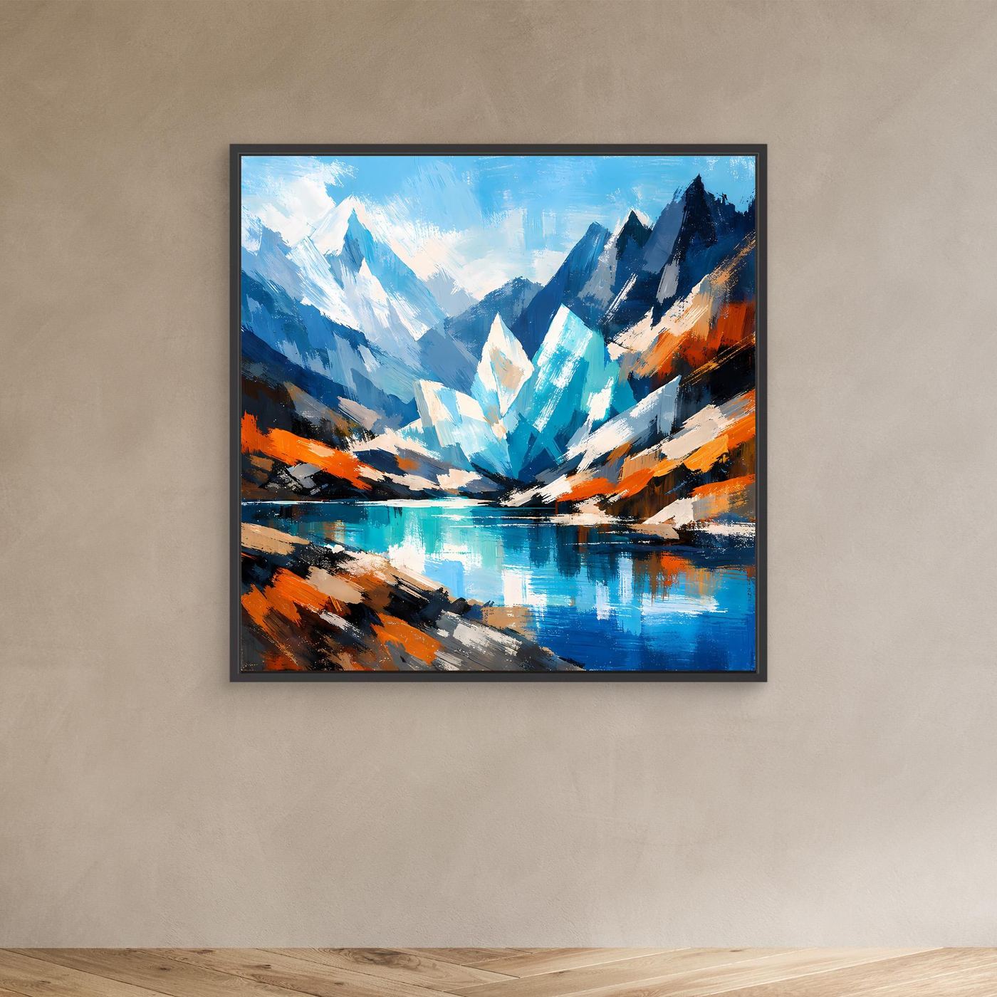 Abstraktes Leinwand-Wandbild mit Gletschersee-Malerei, blau-orange im schwarzen Rahmen