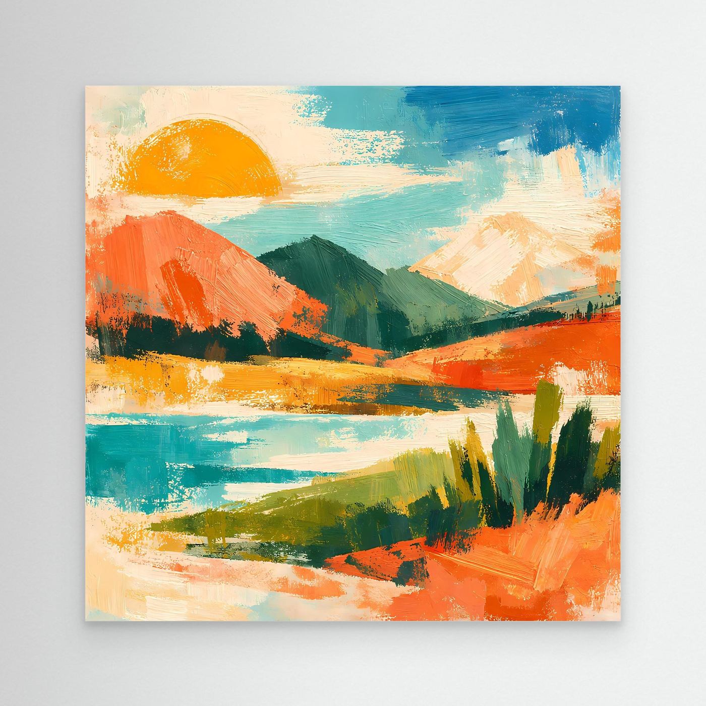 Leinwandbild mit abstrakter See- und Berglandschaft, orange Sonne und türkisblauem Himmel