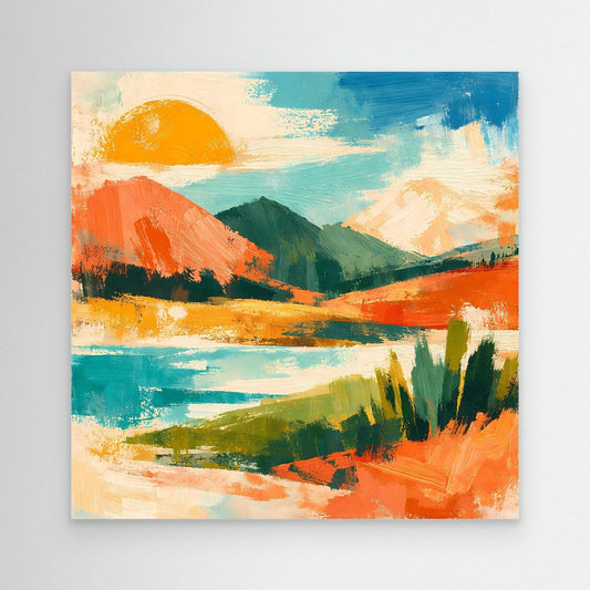 Leinwandbild mit abstrakter See- und Berglandschaft, orange Sonne und türkisblauem Himmel
