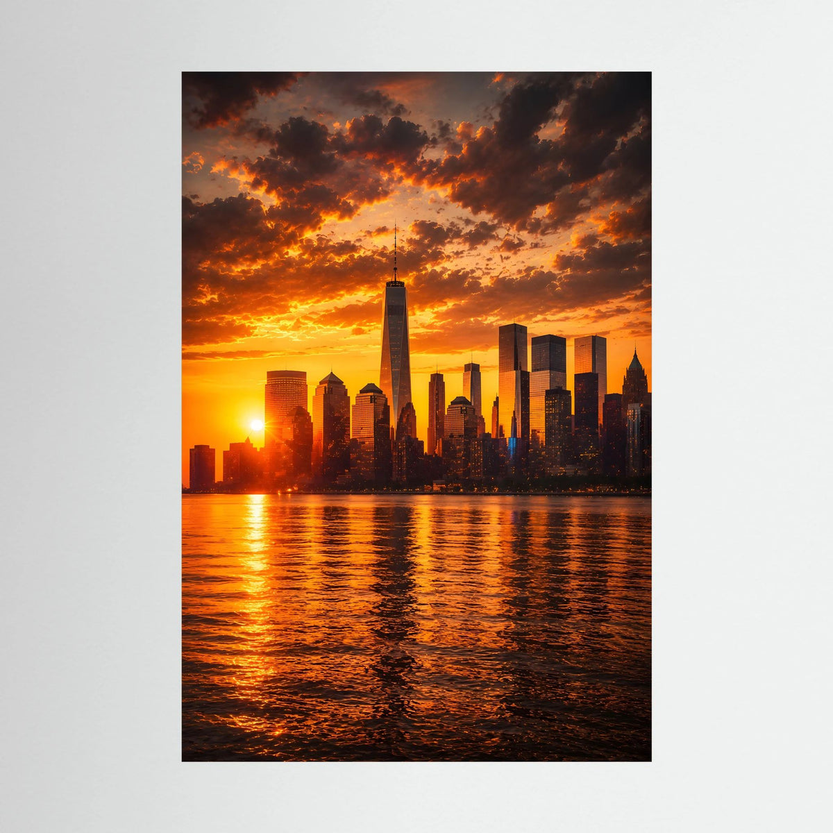 Hochformatiges Poster mit Skyline bei Sonnenuntergang über Wasser, orangefarbig, ohne Rahmen