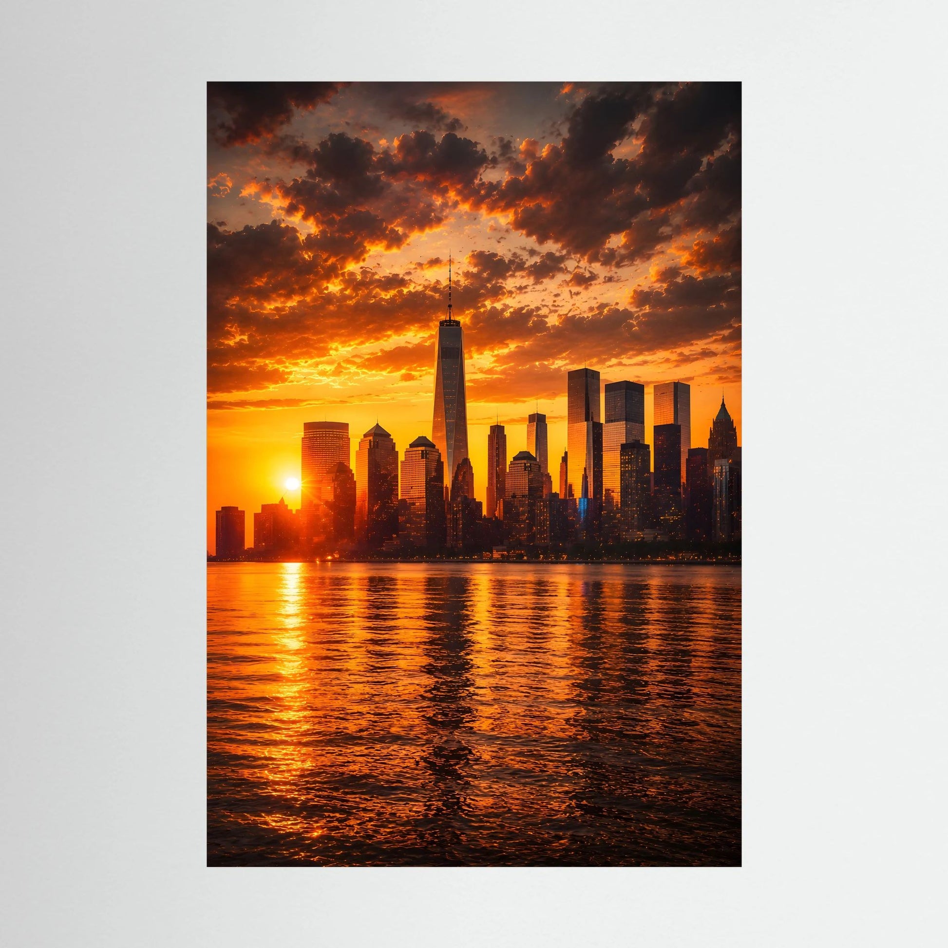 Hochformatiges Poster mit Skyline bei Sonnenuntergang über Wasser, orangefarbig, ohne Rahmen