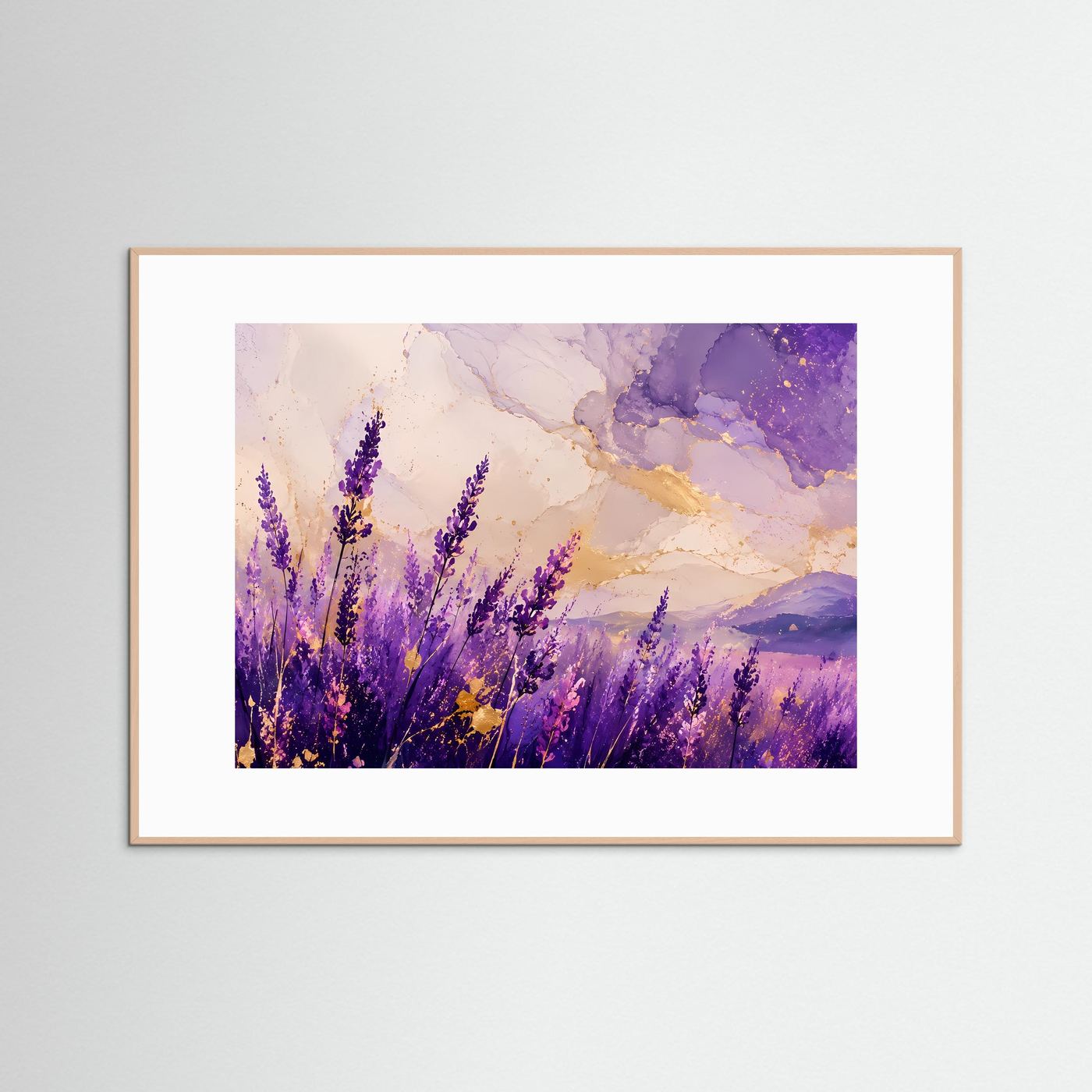 Lavendelfeld Poster | Abstrakte Lavendel Landschaft | Lila Blumen Wandbild | Gold Akzent Kunst | Premium Leinwandbild