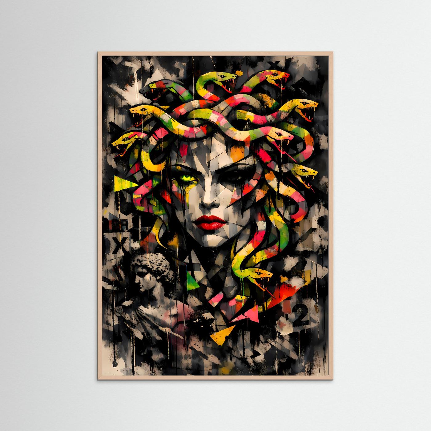 Mythos der Moderne | Urban Art Medusa Poster in Neon-Bunt & Schwarz | Abstraktes Street Art Kunstposter Hochformat