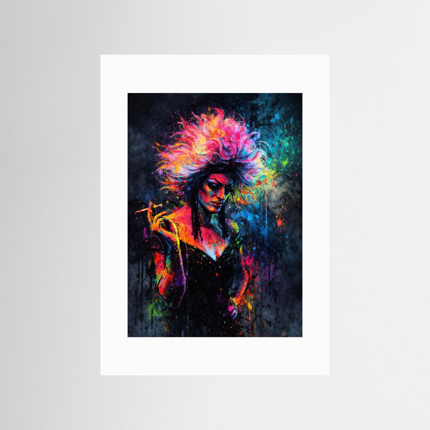 Poster ohne Rahmen mit Drag-Queen-Porträt, bunten Haaren und Zigarette