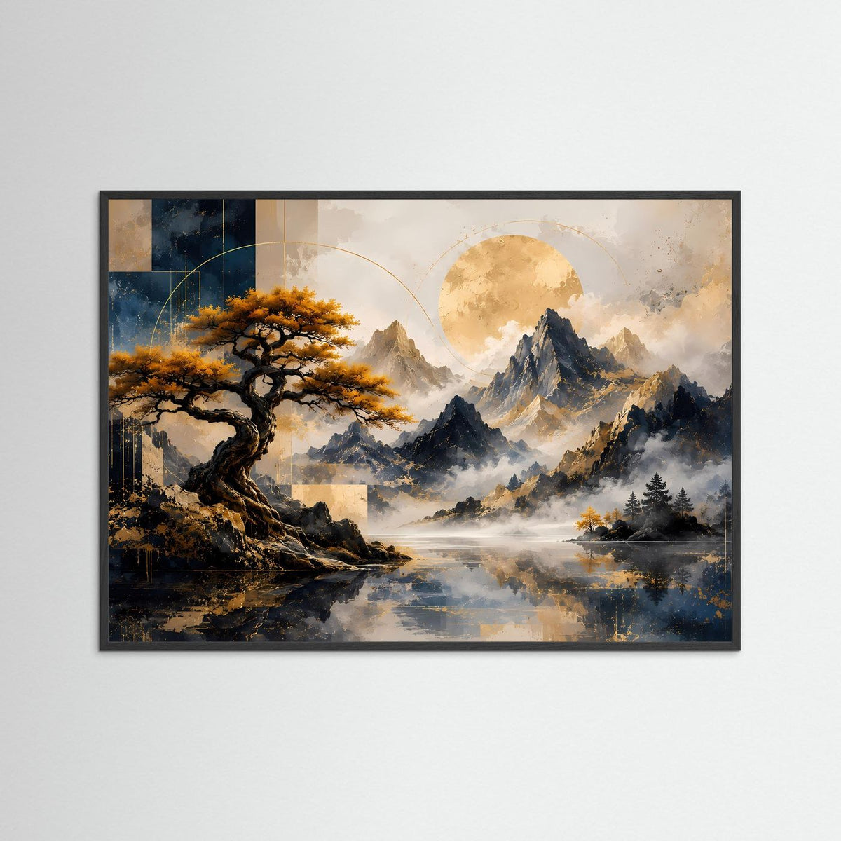 Poster im Querformat mit schwarzem Rahmen: goldener Baum, blaue Berge, heller Mond