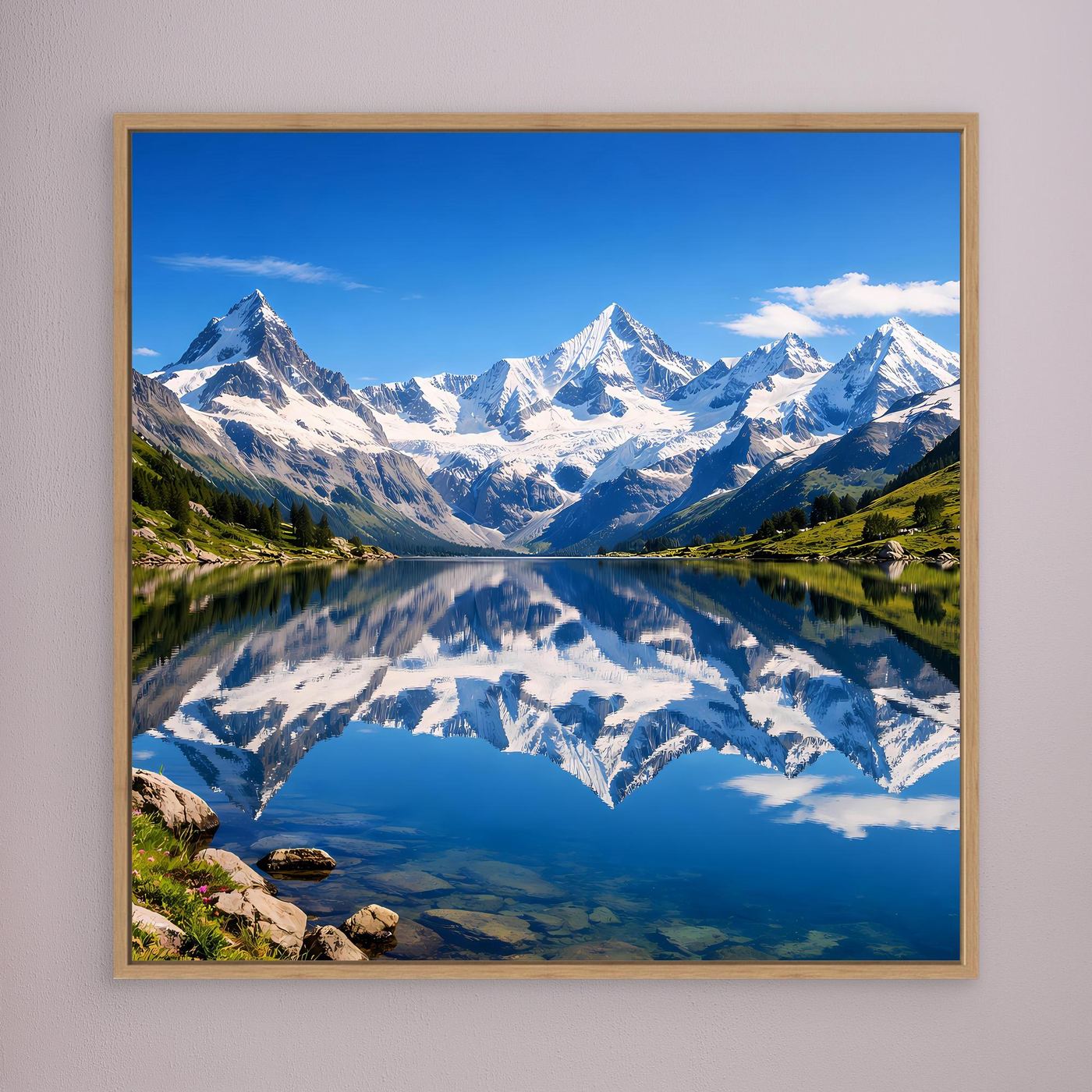 Leinwandbild Alpen-Bergsee mit Spiegelung und Bergpanorama, Holzrahmen