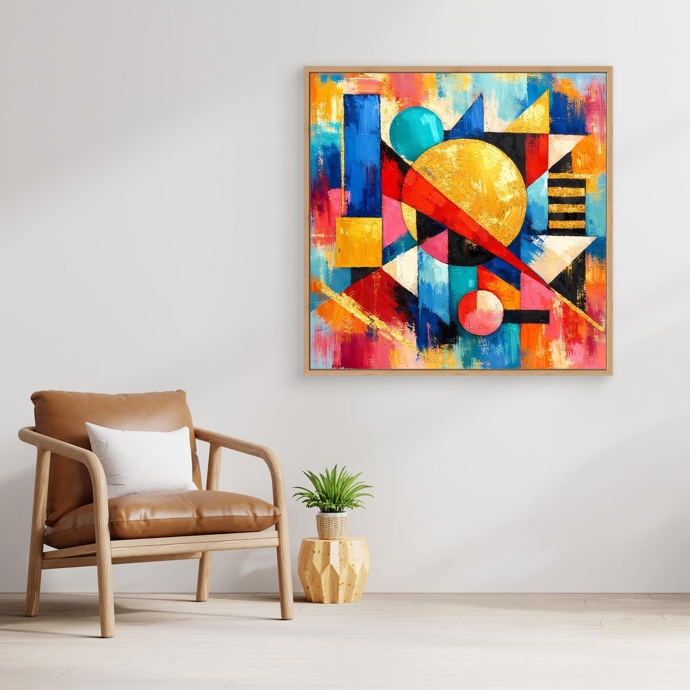Leinwandbild mit Holzrahmen, abstrakte geometrische Formen in Blau, Rot, Gelb