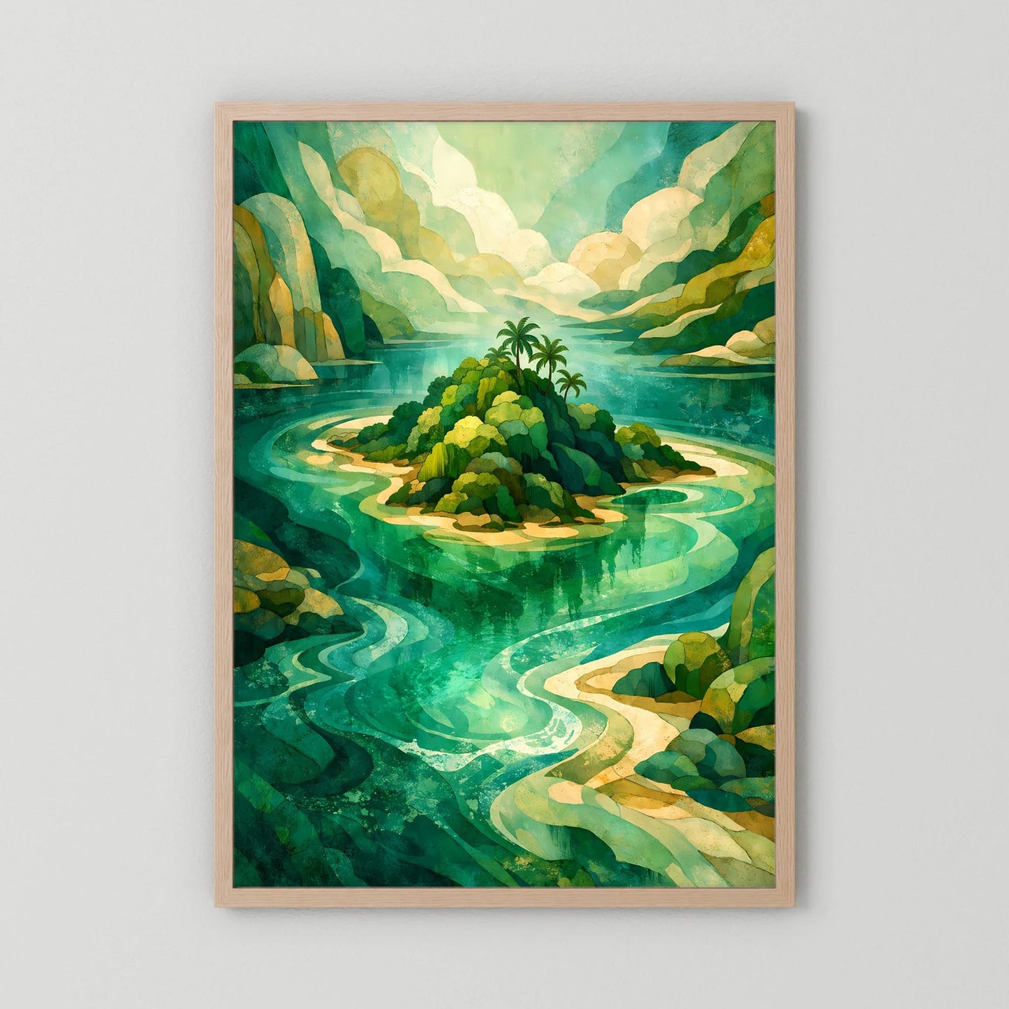 Poster mit abstrakter Insel in Türkis und Grün, Holzrahmen, Hochformat