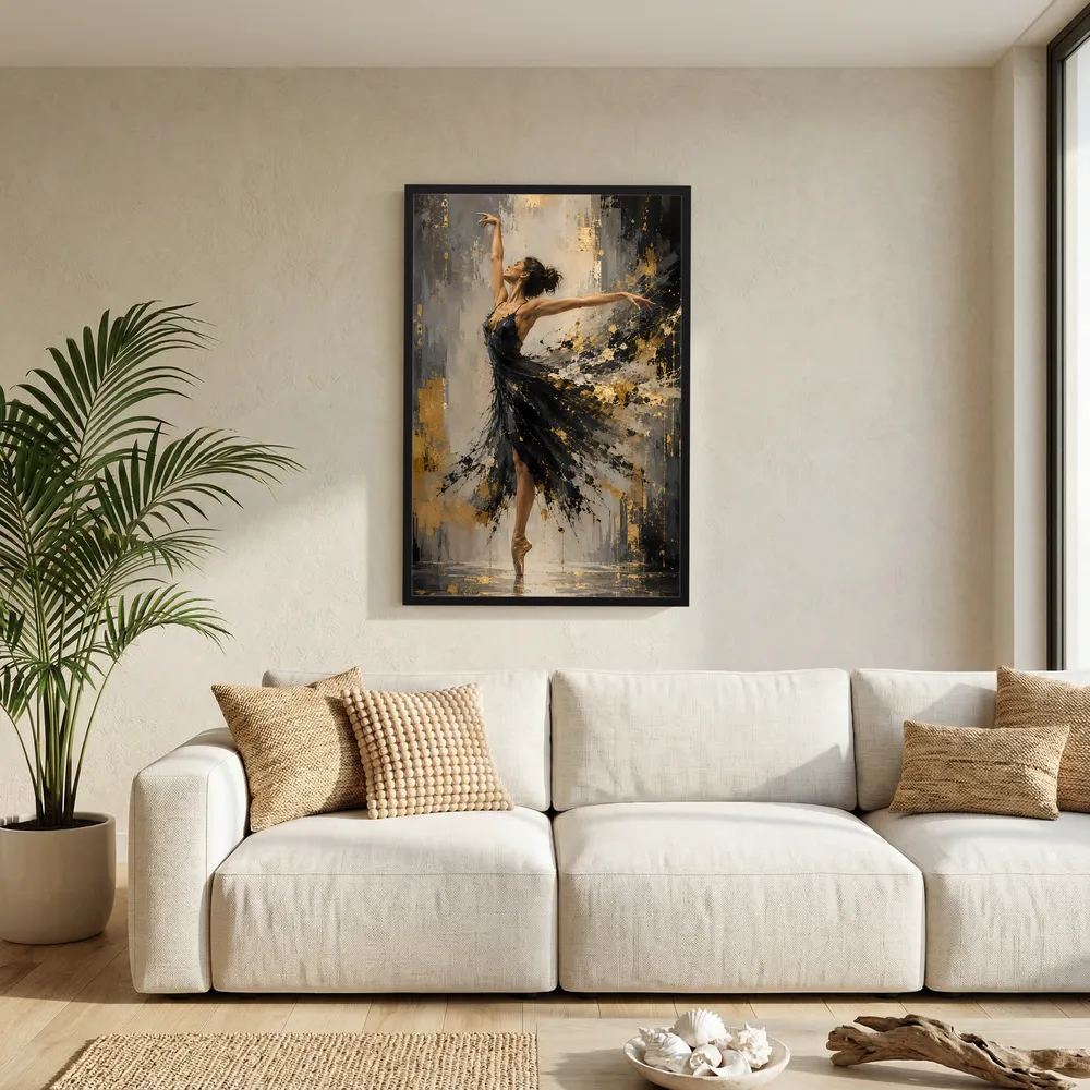 Kunstposter Ballerina in Schwarz und Gold mit schwarzem Rahmen, hochformatig