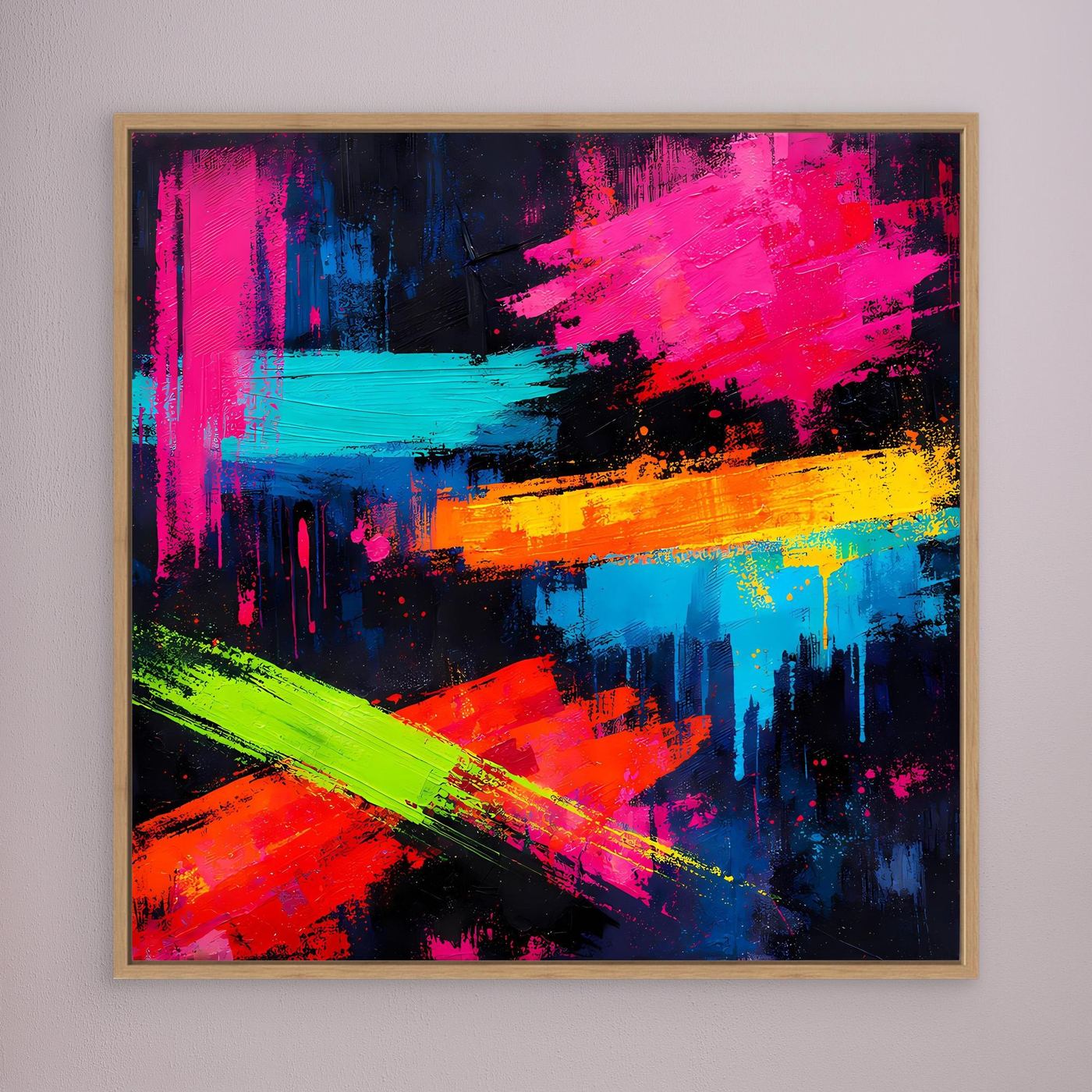 Abstraktes Leinwand-Wandbild mit goldbraunem Rahmen, Neonstriche in Pink, Blau, Grün und Gelb