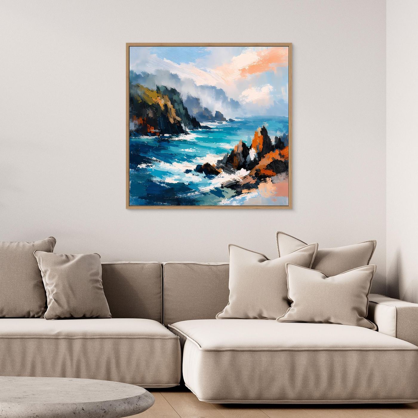 Abstraktes Leinwand-Wandbild mit Klippen und Meer in Blau und Orange, Holzrahmen