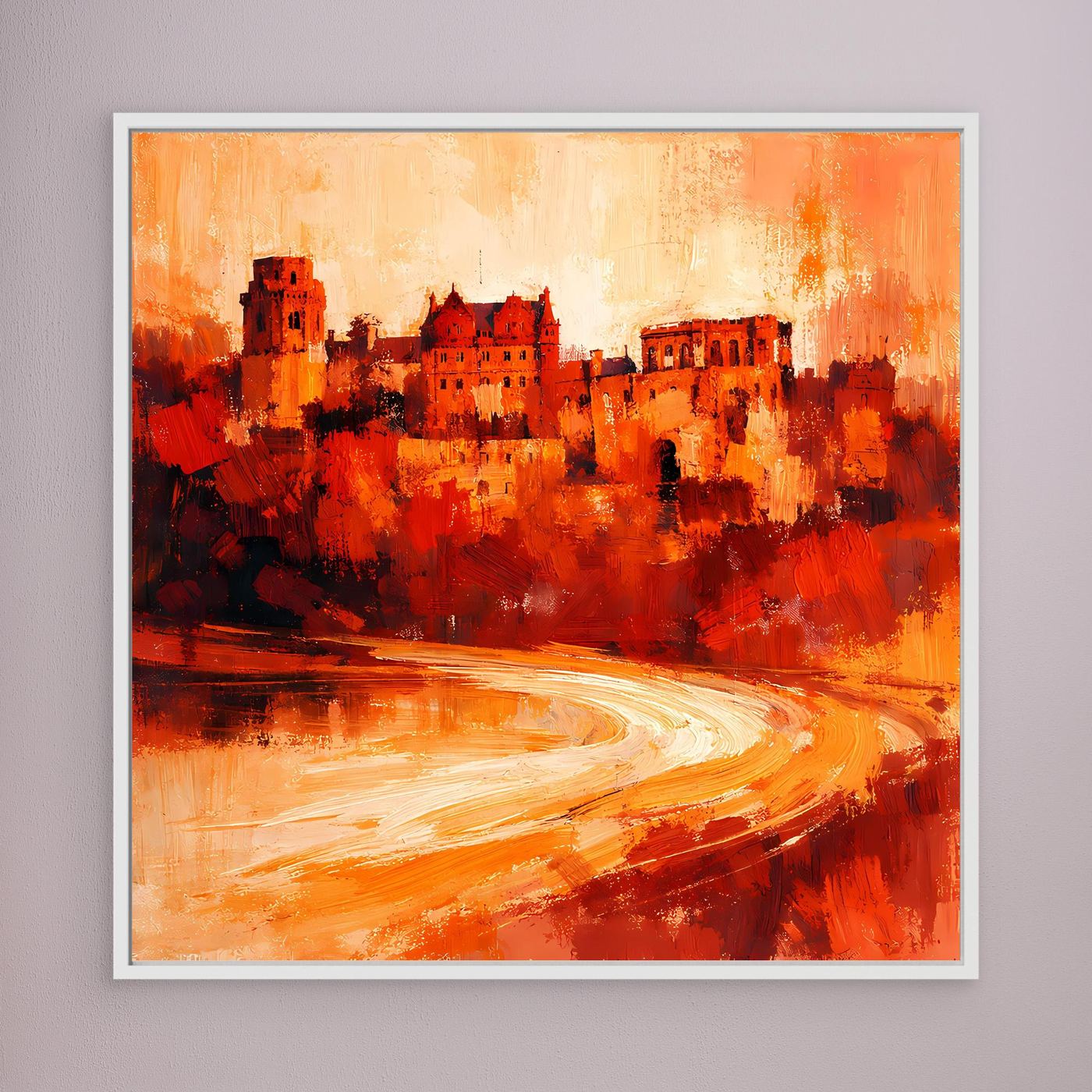 Leinwand Heidelberger Schloss im Abendlicht | Abstraktes Rot‑Ocker Wandbild mit Struktur und Tiefe