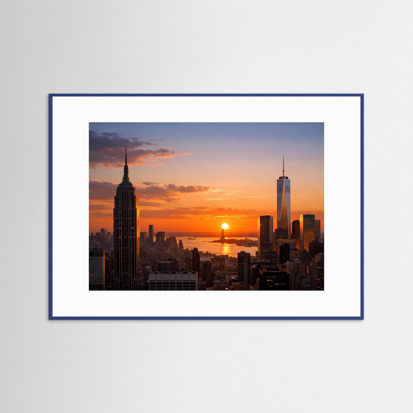 Stadtpanorama-Poster mit Skyline bei Sonnenuntergang, blauer Rahmen und weißer Rand