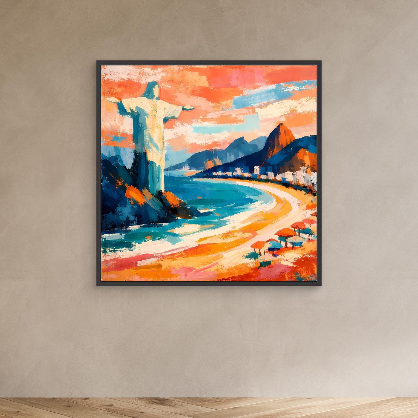 Kleines abstraktes Strand-Wandbild mit schwarzem Rahmen, türkisblaues Wasser und orangefarbenes Licht