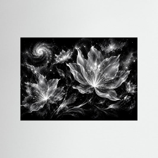 Schwarzweiß-Blumen-Wandposter im schwarzen Rahmen mit kosmischen, glühenden Blütenformen