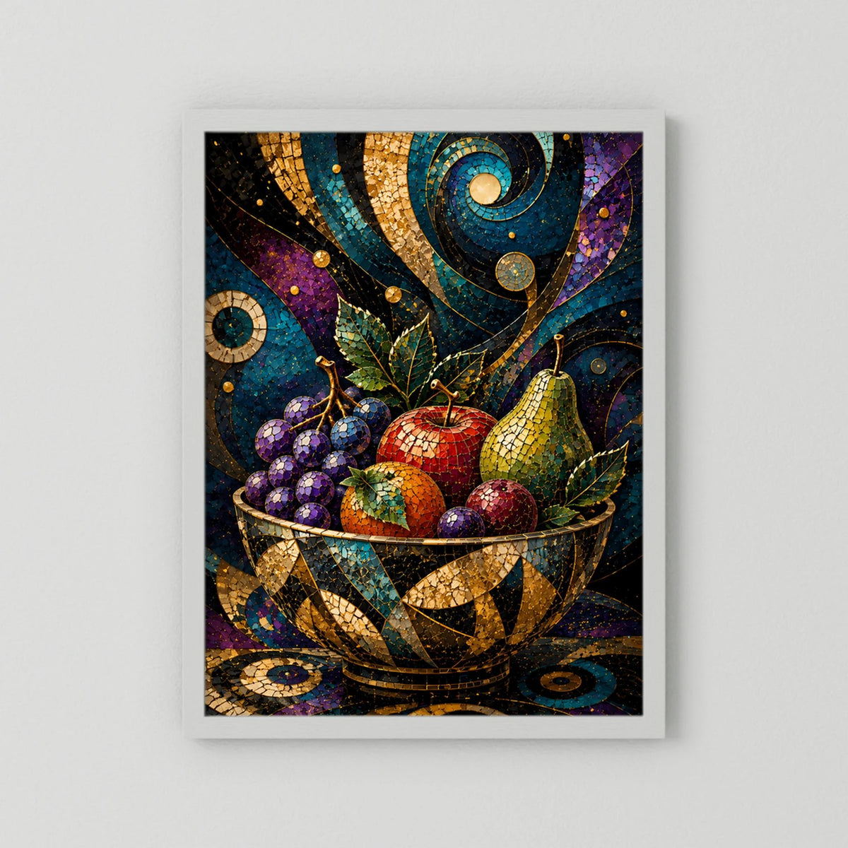 Gerahmter Hochformat-Druck: Mosaik-Obstschale mit bunten Früchten im Golddekor