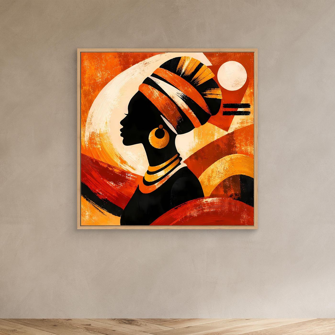 Leinwandbild mit Rahmen: abstrakte Frauensilhouette in Orange-Gold, Kreis und Streifen
