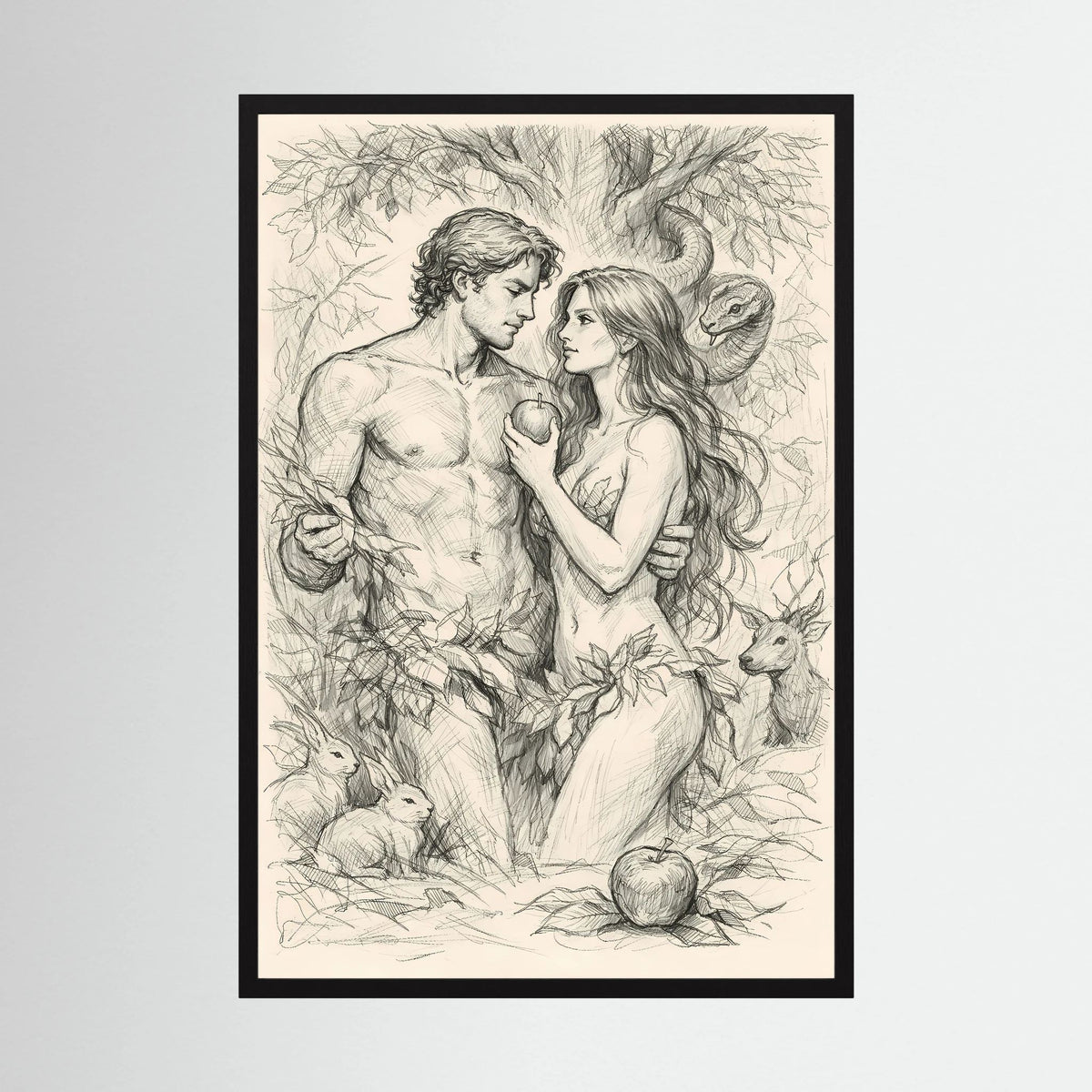 Hochformat-Poster mit Bleistiftzeichnung von Adam und Eva im Paradies, schwarzer Rahmen.