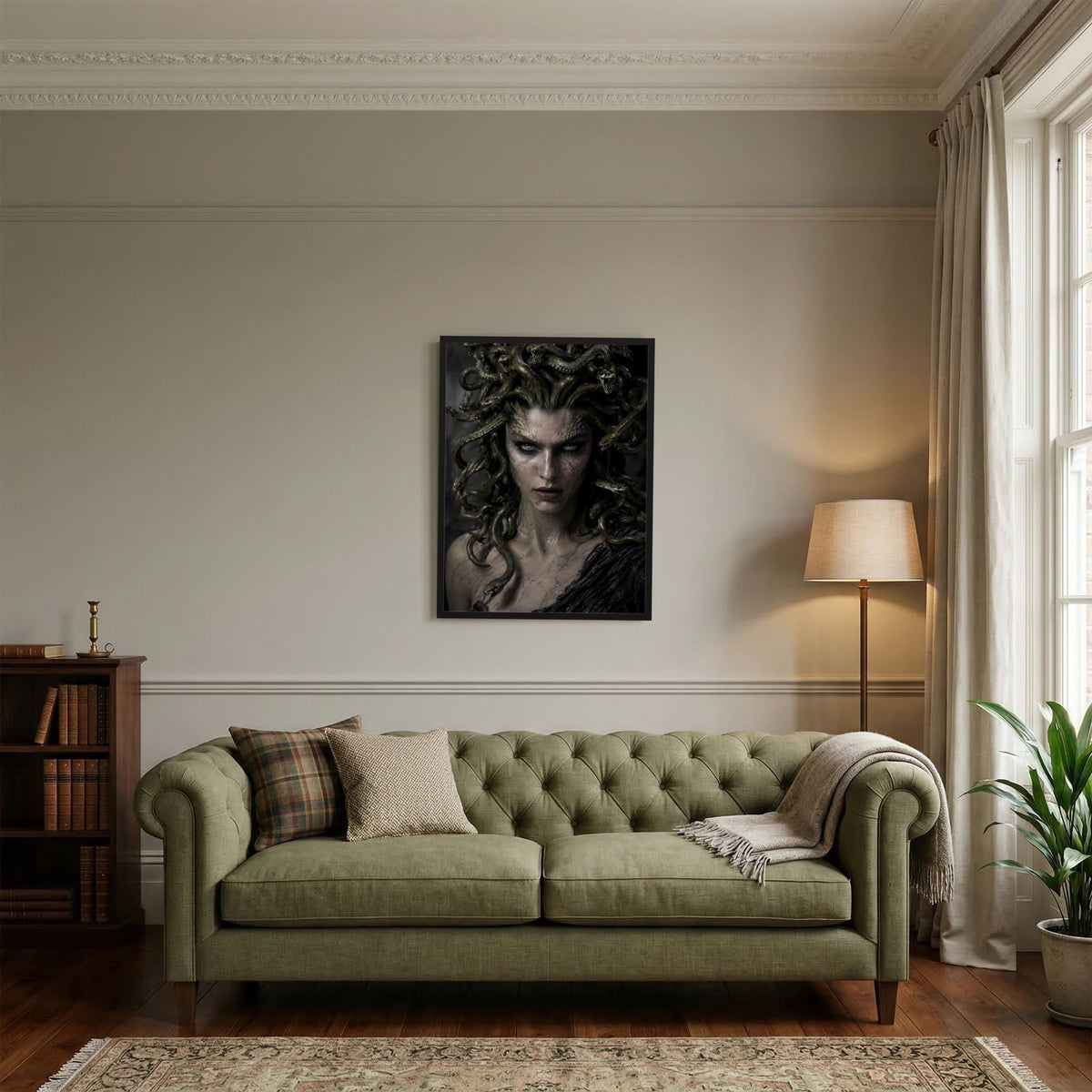Fantasy-Poster mit Medusa: Frauengesicht mit Schlangenhaaren, dunkle Grafik im Rahmen
