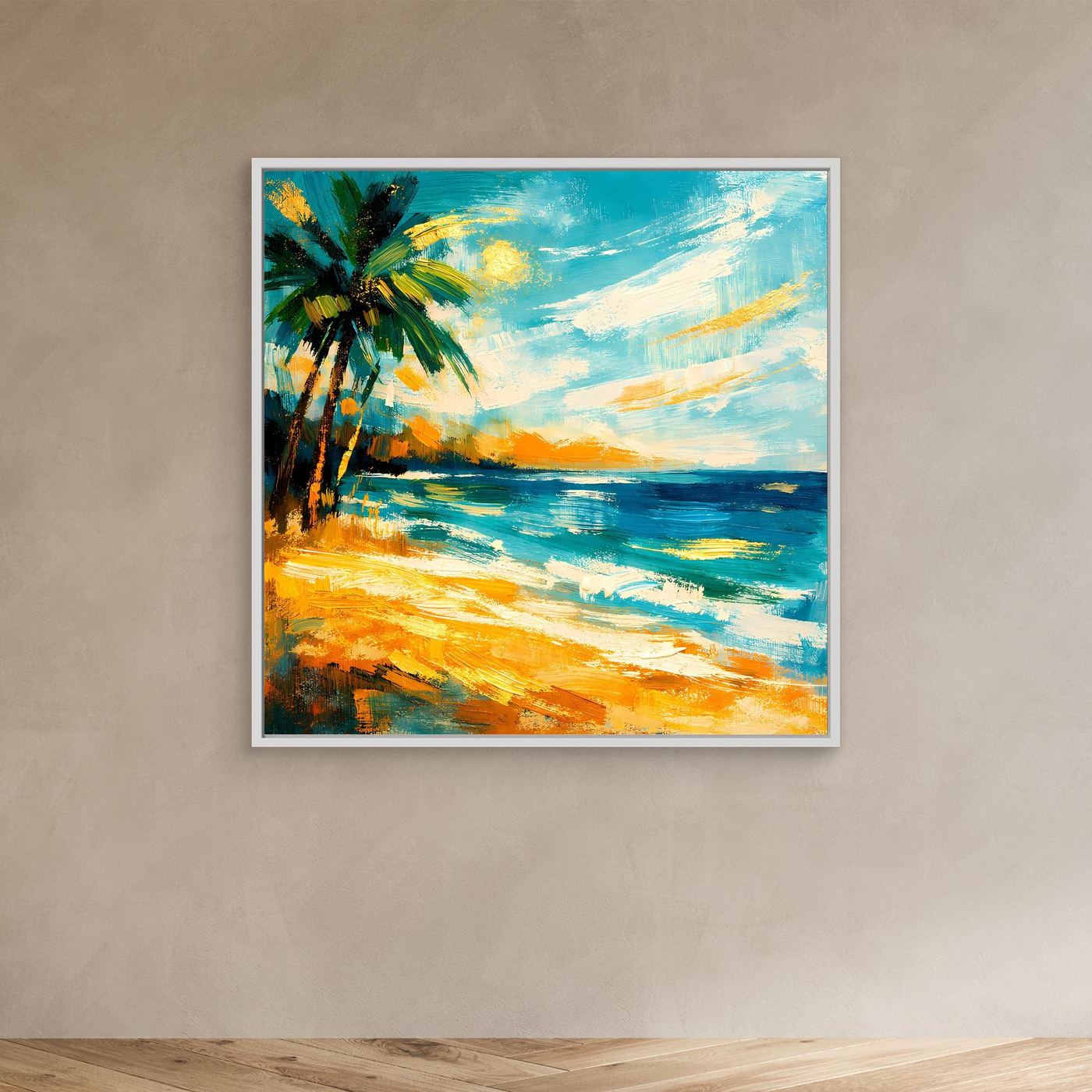 Leinwandbild mit abstrakter Palme über blauem Meer und gelbem Strand, weißer Rahmen