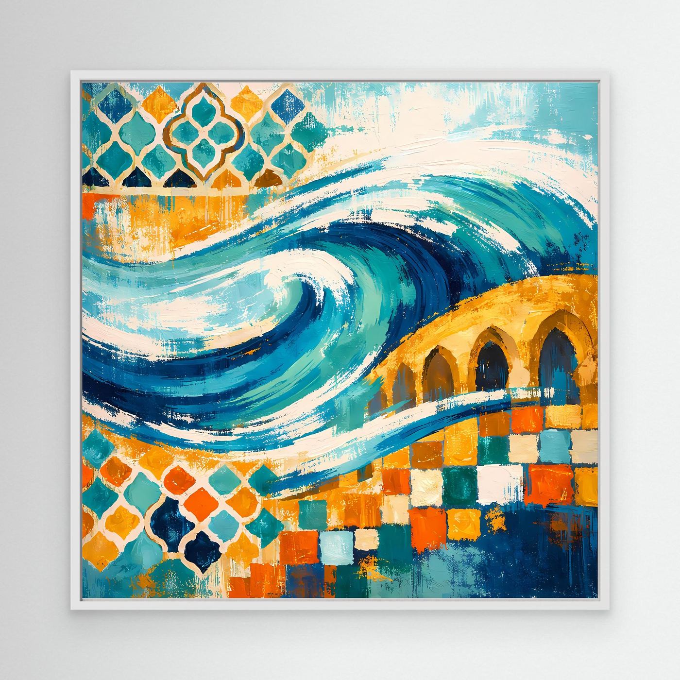 Leinwand-Wandbild mit weißem Rahmen, Mosaik-Ornament und türkisblauen Wellen