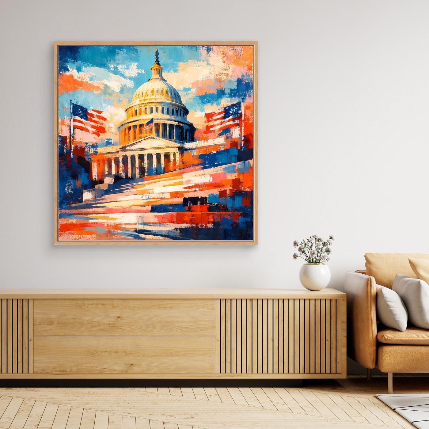 Abstraktes US-Kapitol-Wandbild auf Leinwand mit hellem Rahmen, Blau- und Orangetöne