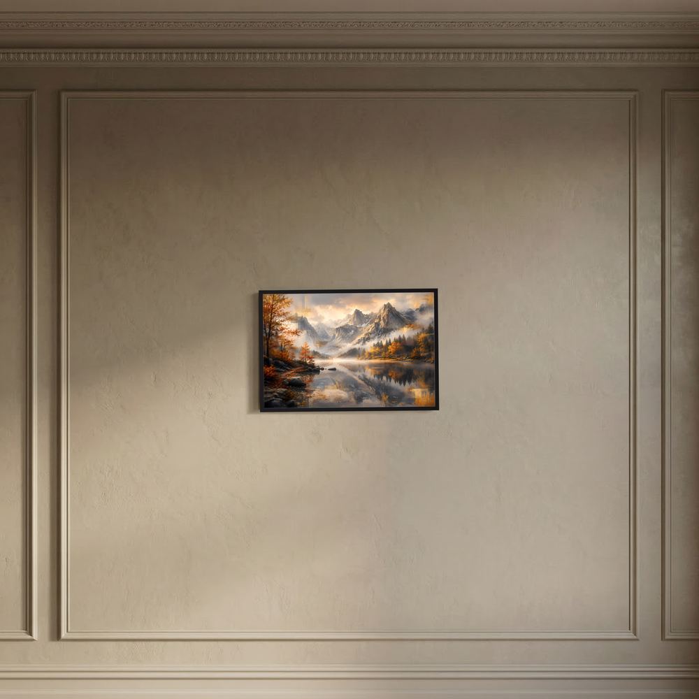 Wandposter mit Bergsee-Landschaft im dunklen, schmalen Rahmen