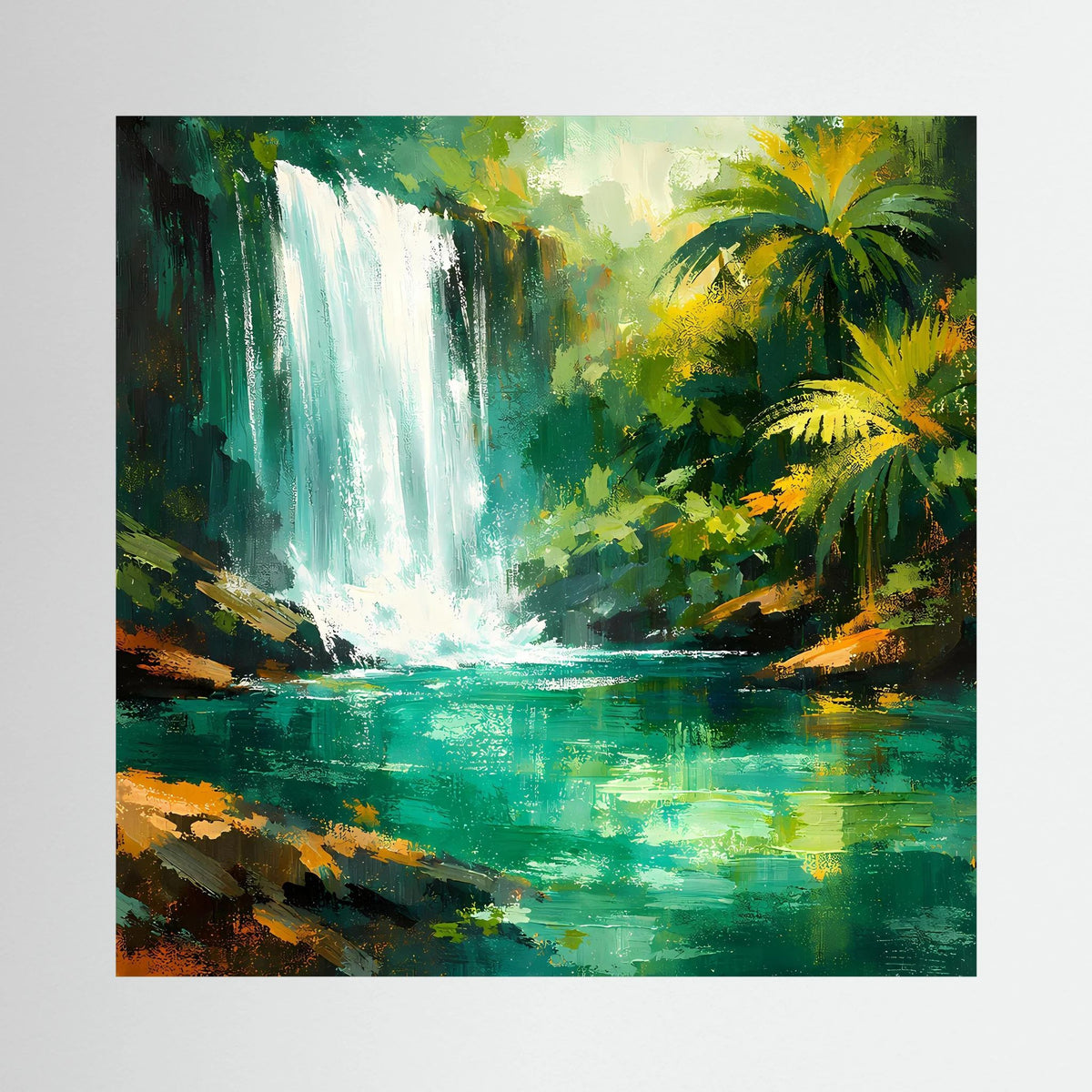 Leinwand-Wandbild mit abstraktem Wasserfall im Dschungel, grünen Palmen und Fluß