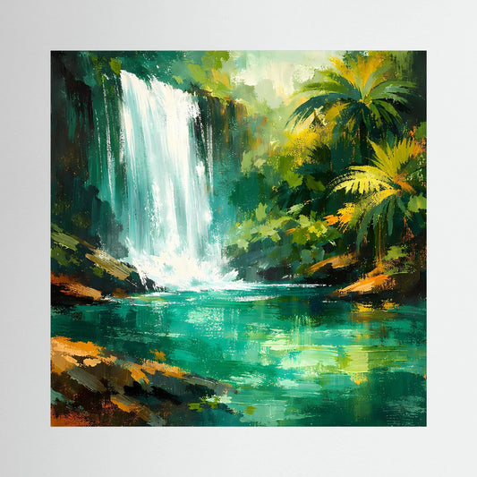 Leinwand-Wandbild mit abstraktem Wasserfall im Dschungel, grünen Palmen und Fluß