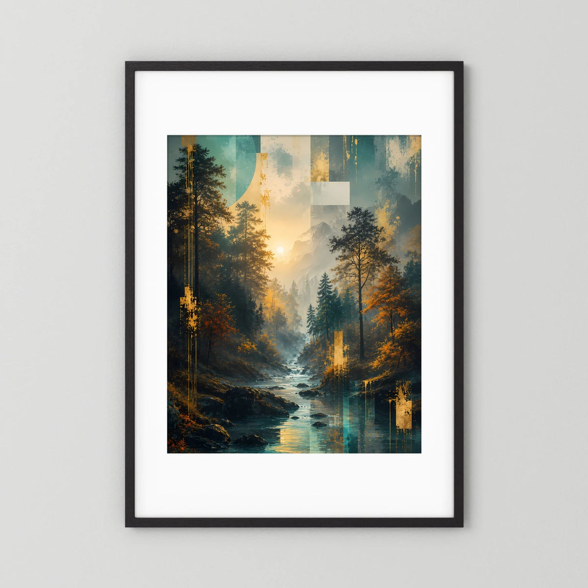 Gerahmtes Poster mit Wald- und Flussmotiv im schwarzen Rahmen, Hochformat