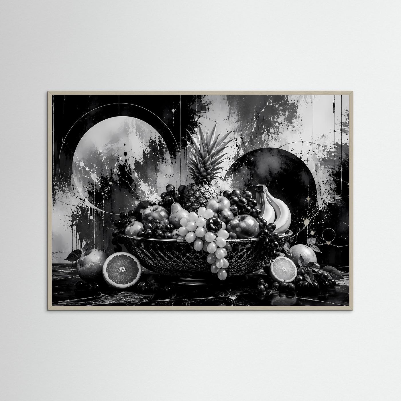 Abstrakte Obstschale in Schwarz-Weiß | Modernes Stillleben Poster Querformat