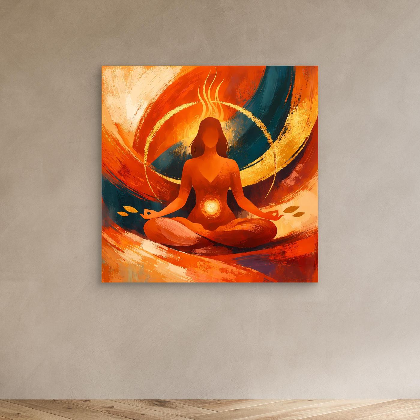 Kleines Leinwandbild mit meditierender Yogaperson in Orange, mit schmalem Holzrahmen