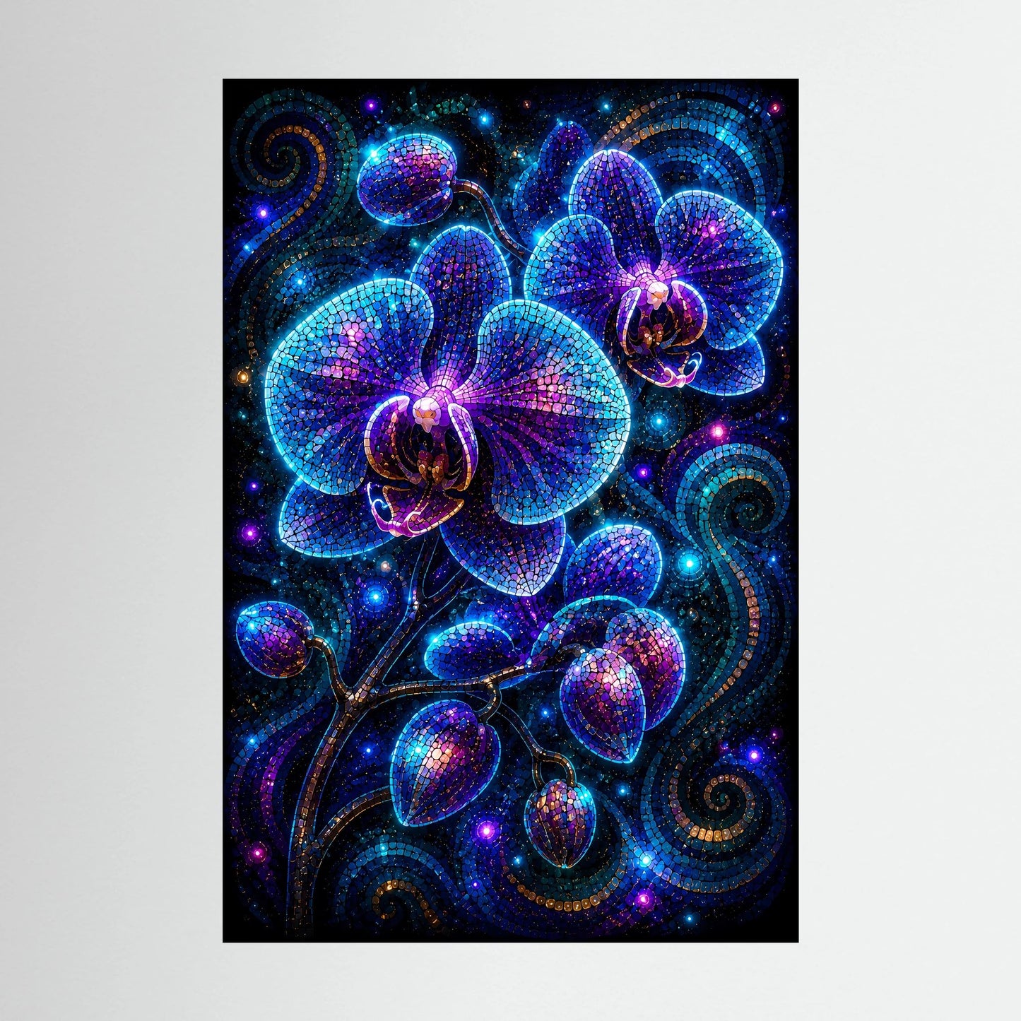 Poster mit leuchtenden blau-violetten Orchideen-Mosaiken, schwarzer Rand, Hochformat