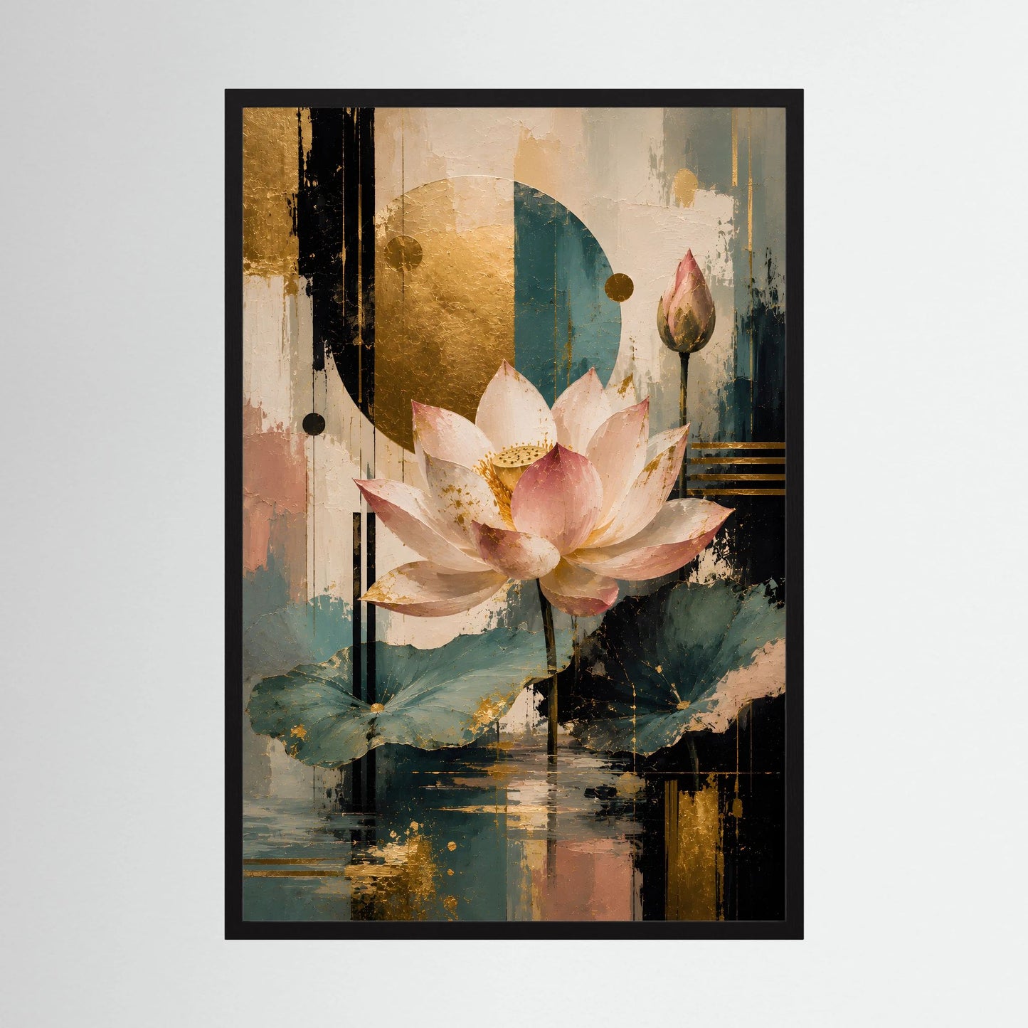 Gerahmtes Lotusblüten-Poster in Rosa, Gold und Türkis mit abstrakten Formen, Hochformat.