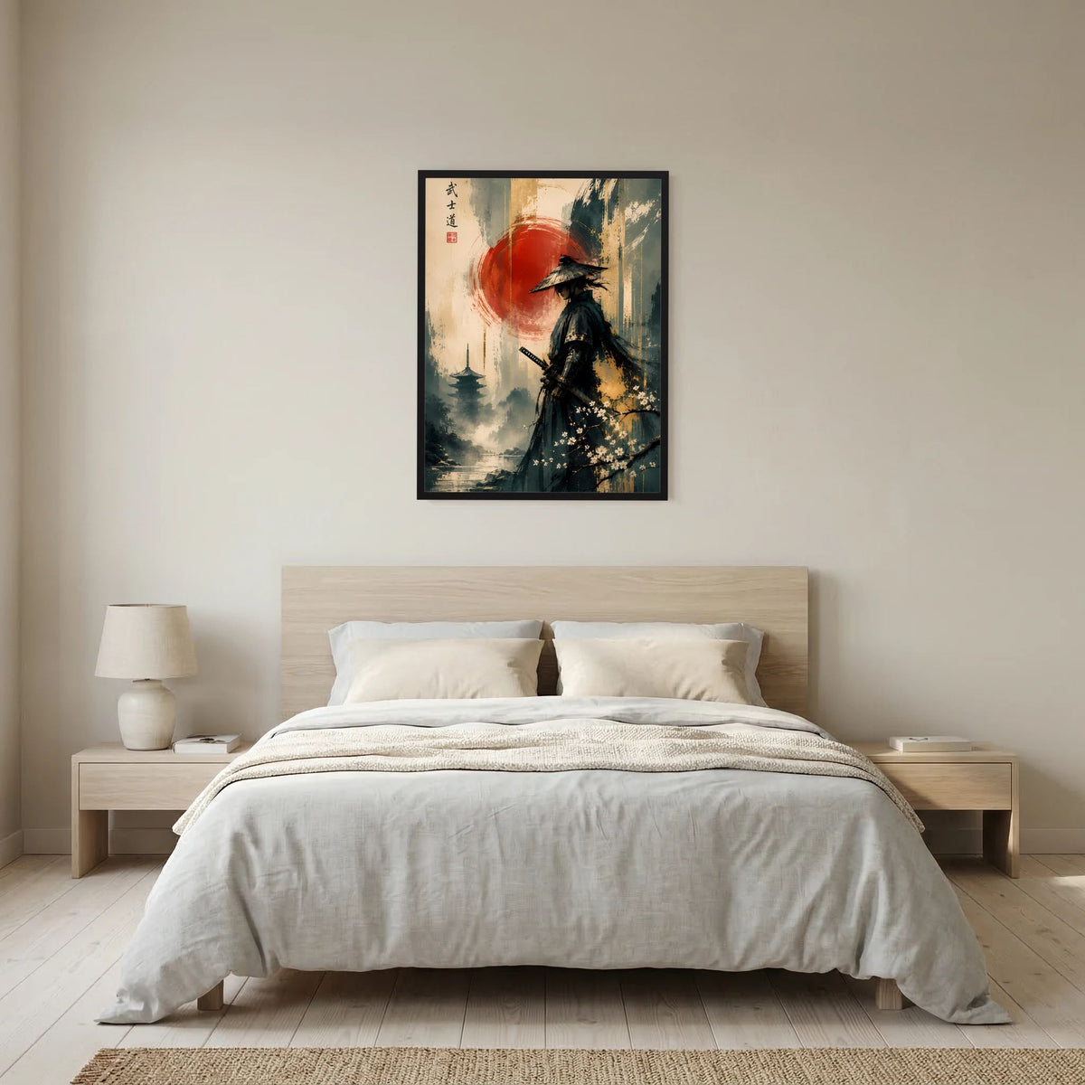 Gerahmtes Hochformat-Poster mit Samurai-Silhouette, roter Sonne und japanischer Landschaft