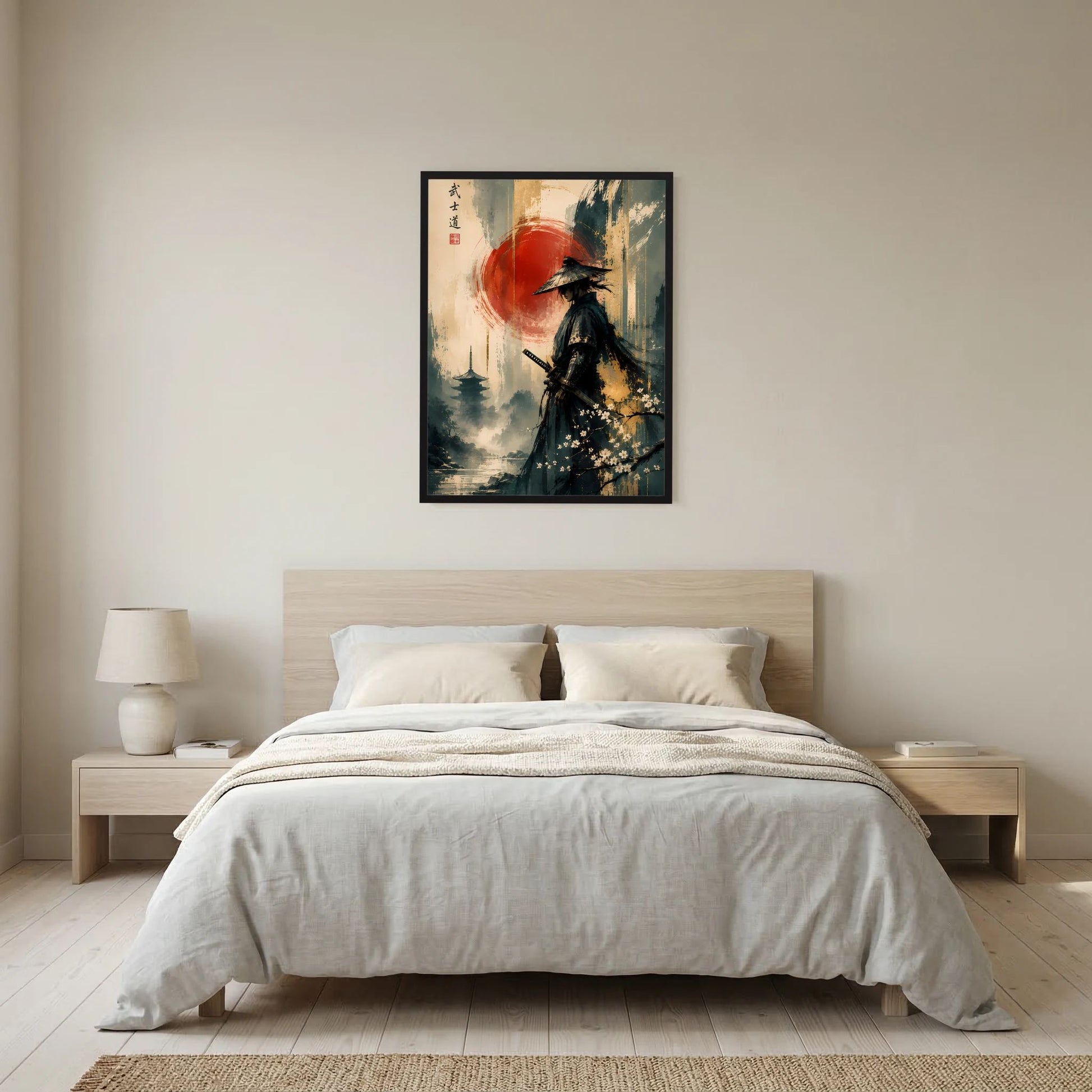 Gerahmtes Hochformat-Poster mit Samurai-Silhouette, roter Sonne und japanischer Landschaft