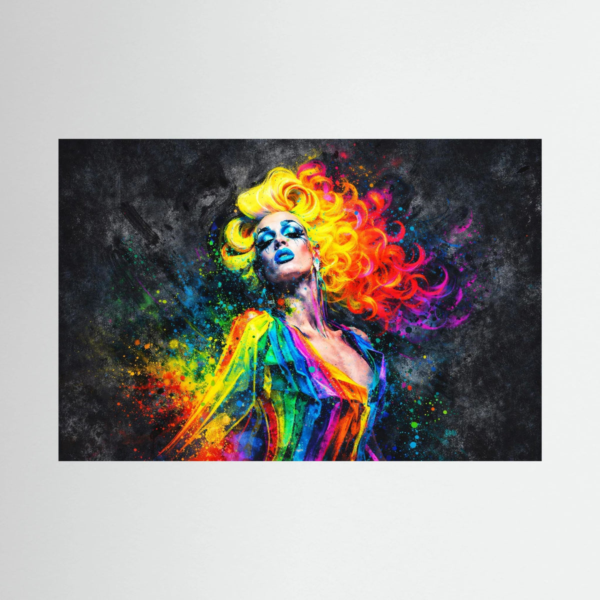 Pop-Art-Wandbild im Querformat: Porträt einer Frau mit regenbogenfarbenem Haar