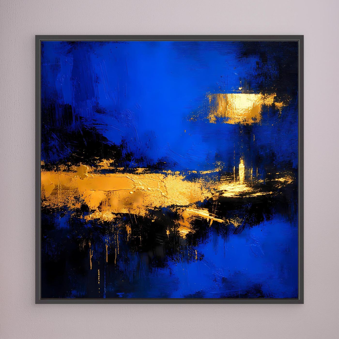 Leinwand Abstrakte Meereslandschaft bei Nacht | Modernes Küsten Wandbild in Blau und Gold