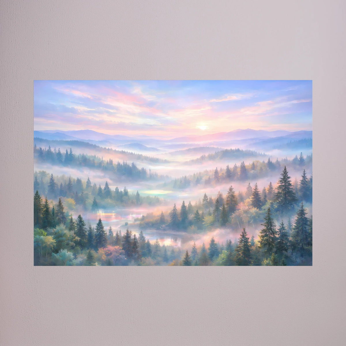 Wandposter querformat mit Waldlandschaft im Morgendunst, Nahansicht