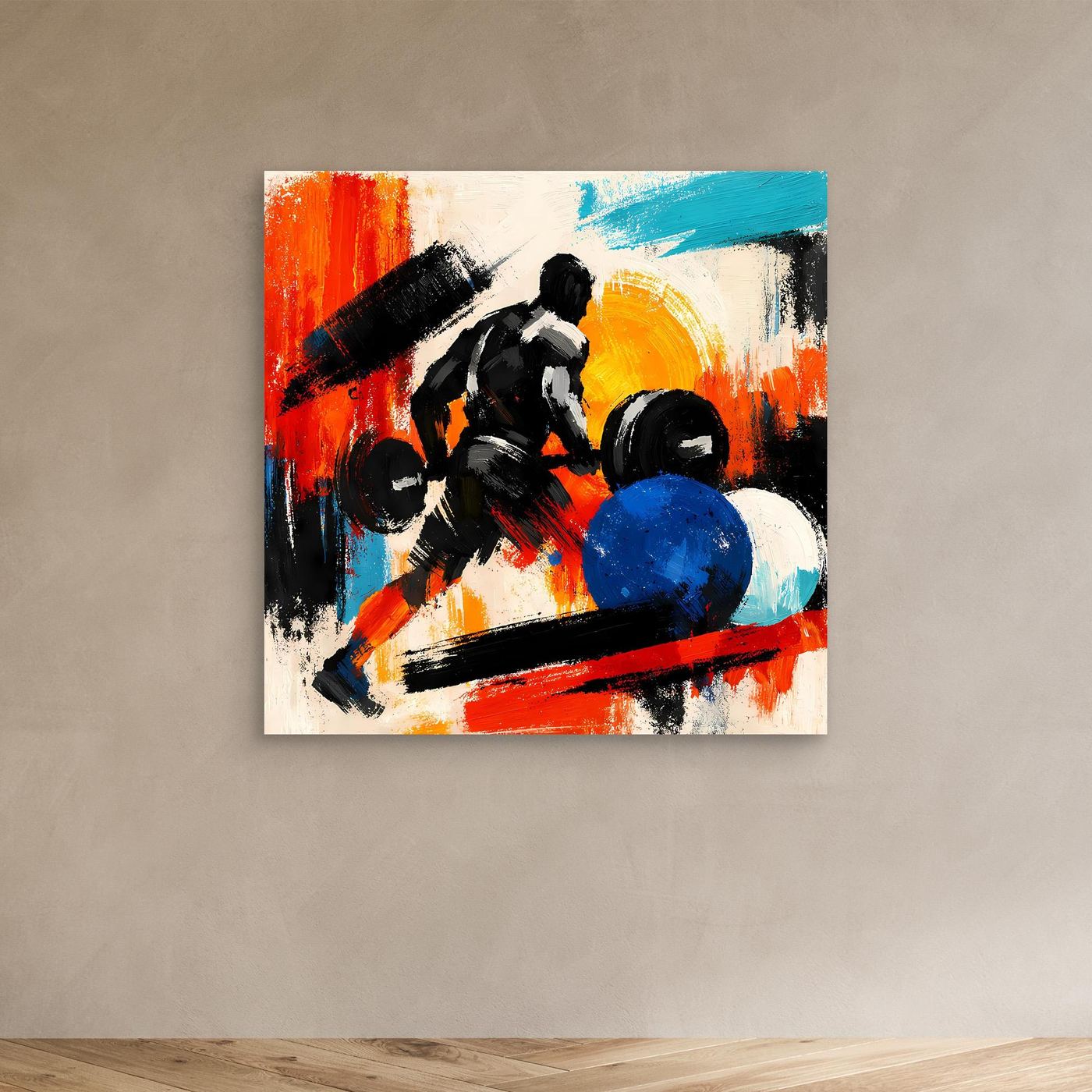 Abstract weightlifter wall art canvas with barbell pose, no frame