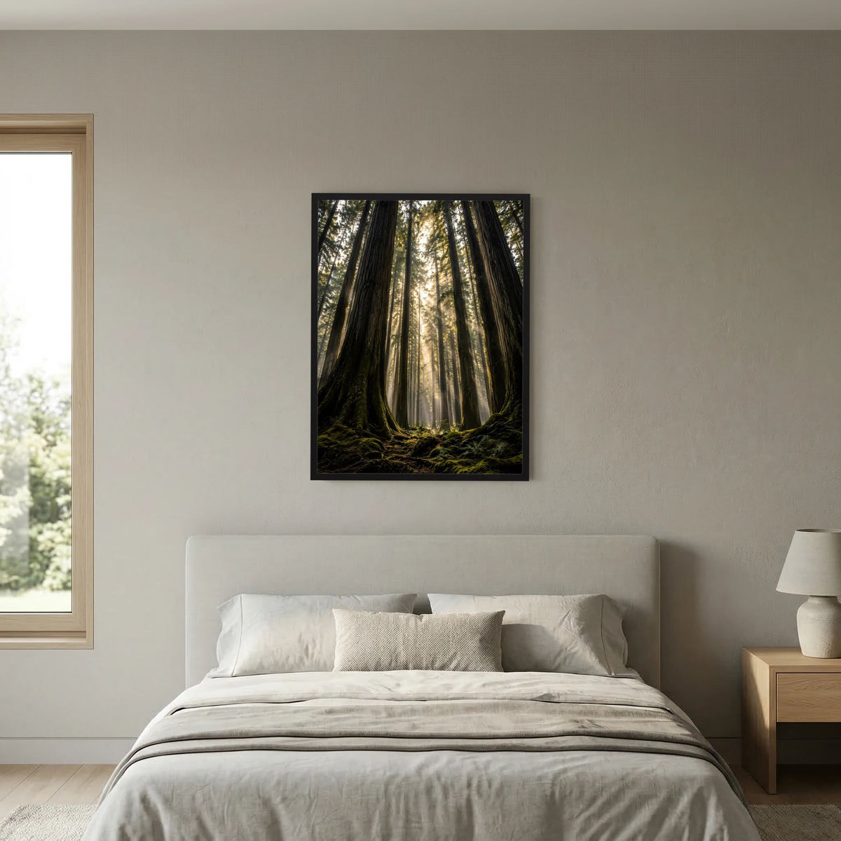 Hochformatiges Poster mit schwarzem Rahmen: Redwood-Wald, Sonnenstrahlen durch Baumriesen