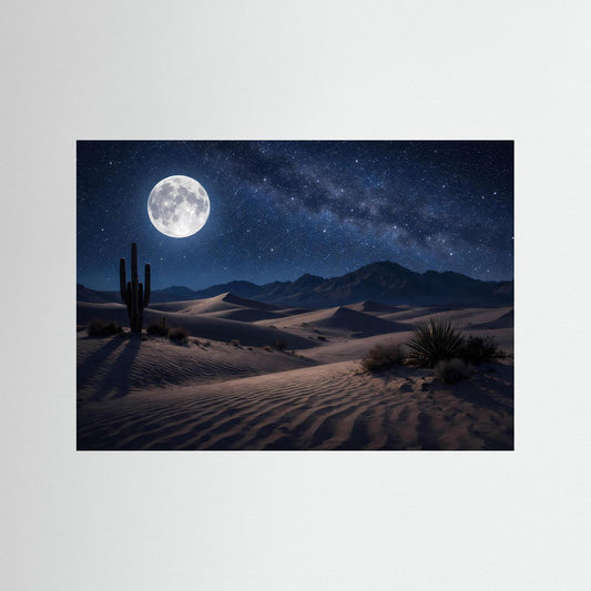 Poster im Querformat: Mond über Wüste mit Sternenhimmel und Dünen, ohne sichtbaren Rahmen