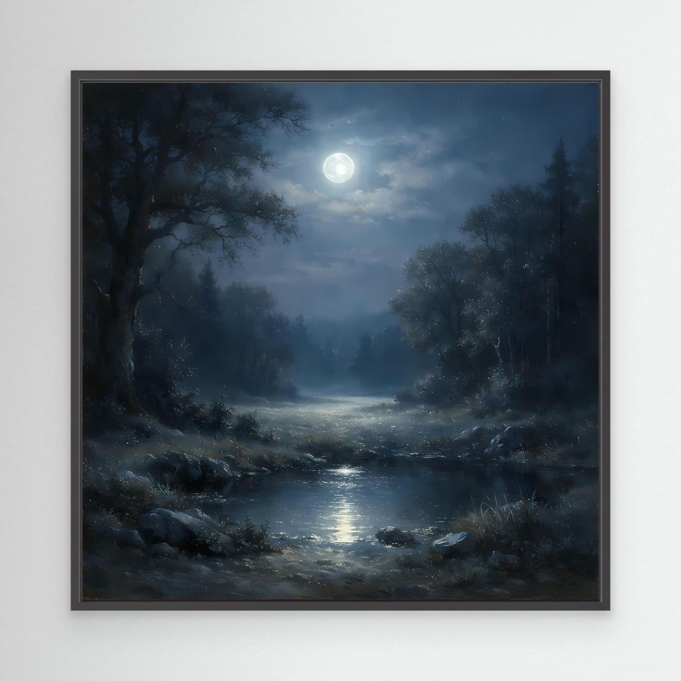 Leinwandbild Nachtwald mit Fluss und hellem Mond, Nebelstimmung, im schwarzen Rahmen