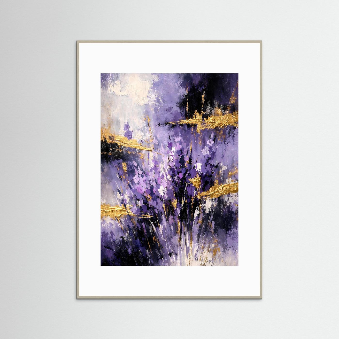 Abstraktes Poster mit violettem Pinselstrich und goldenen Akzenten, grauer Rahmen