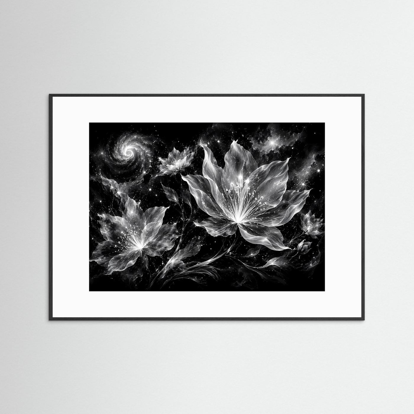Schwarz Weiß Blumen Poster | Kosmische Blüten Wandkunst | Abstrakte Florale Kunst | Moderne Monochrome Leinwand | Galaxy Design