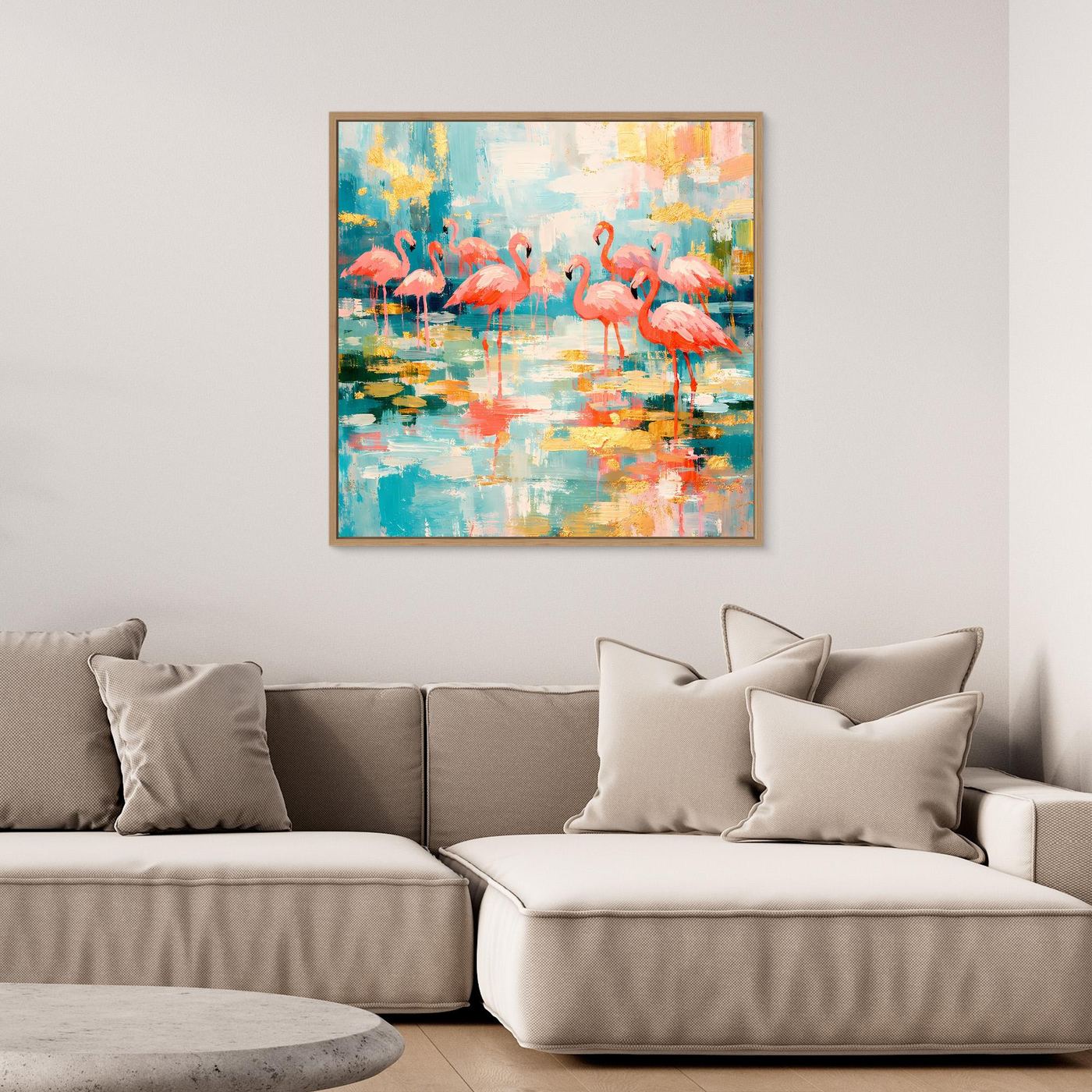 Abstraktes Leinwandbild mit Flamingos im Spiegelsee, weißer Rahmen