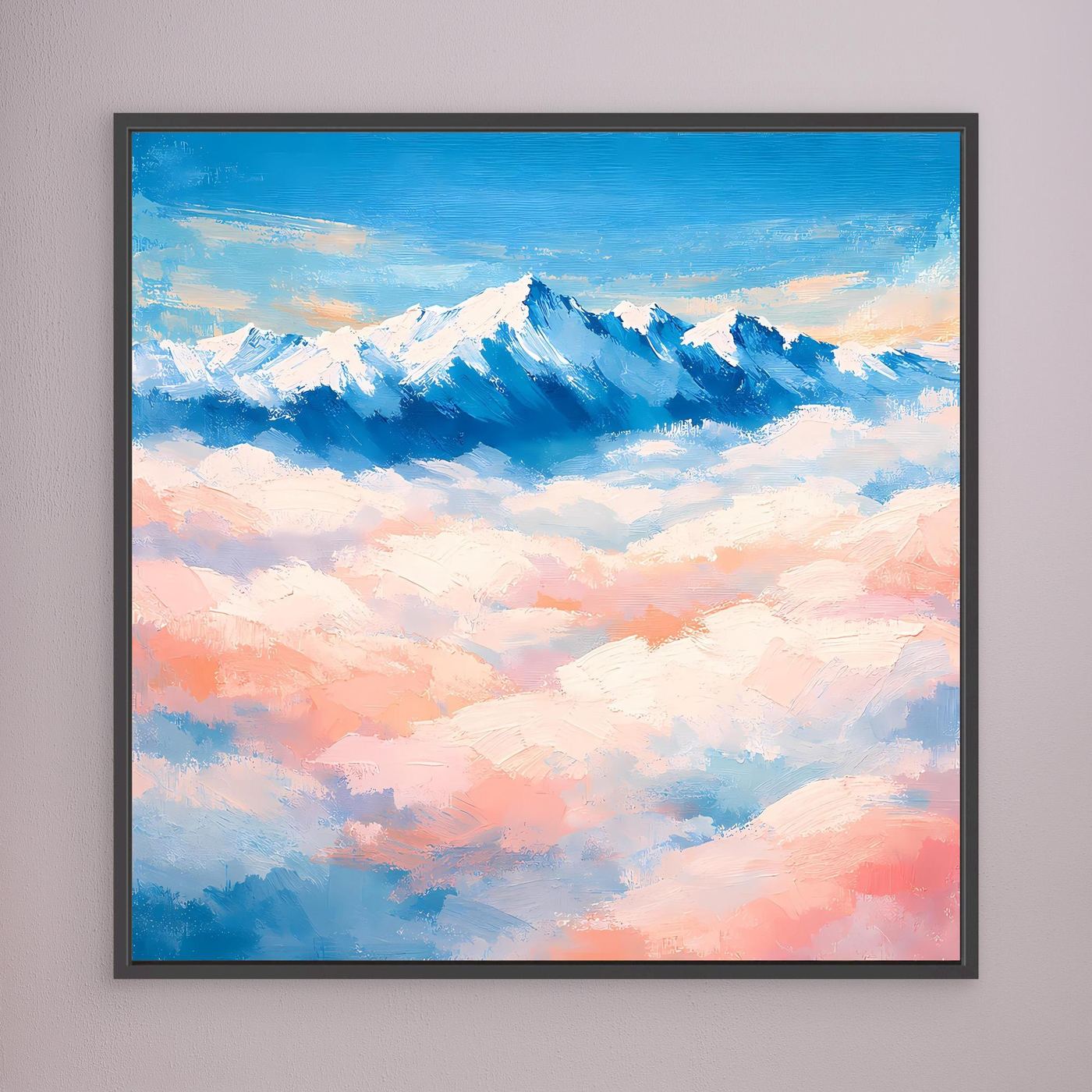 Leinwand-Wandbild mit schneebedeckten Bergen über Wolken, schwarz gerahmt