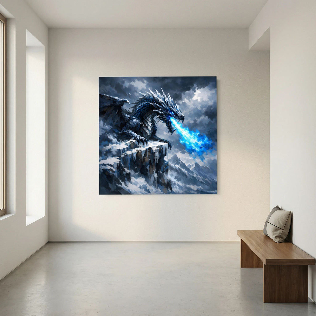 Leinwand-Wandbild mit Eisdrache auf Klippen, blau leuchtende Energie aus dem Maul