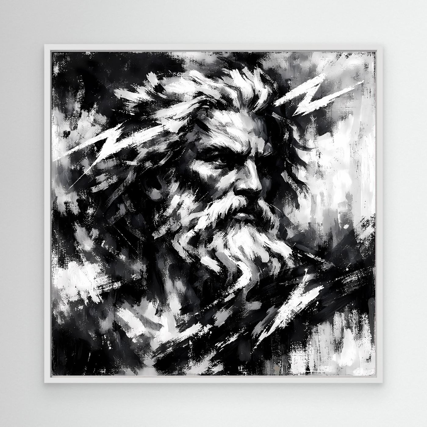 Abstract Zeus wall print in black and white with white frame and stylized beard