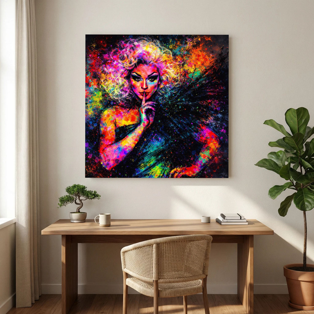 Leinwandbild mit Pop-Art-Drag-Queen-Porträt, bunte Farbexplosion, schwarzer Rand